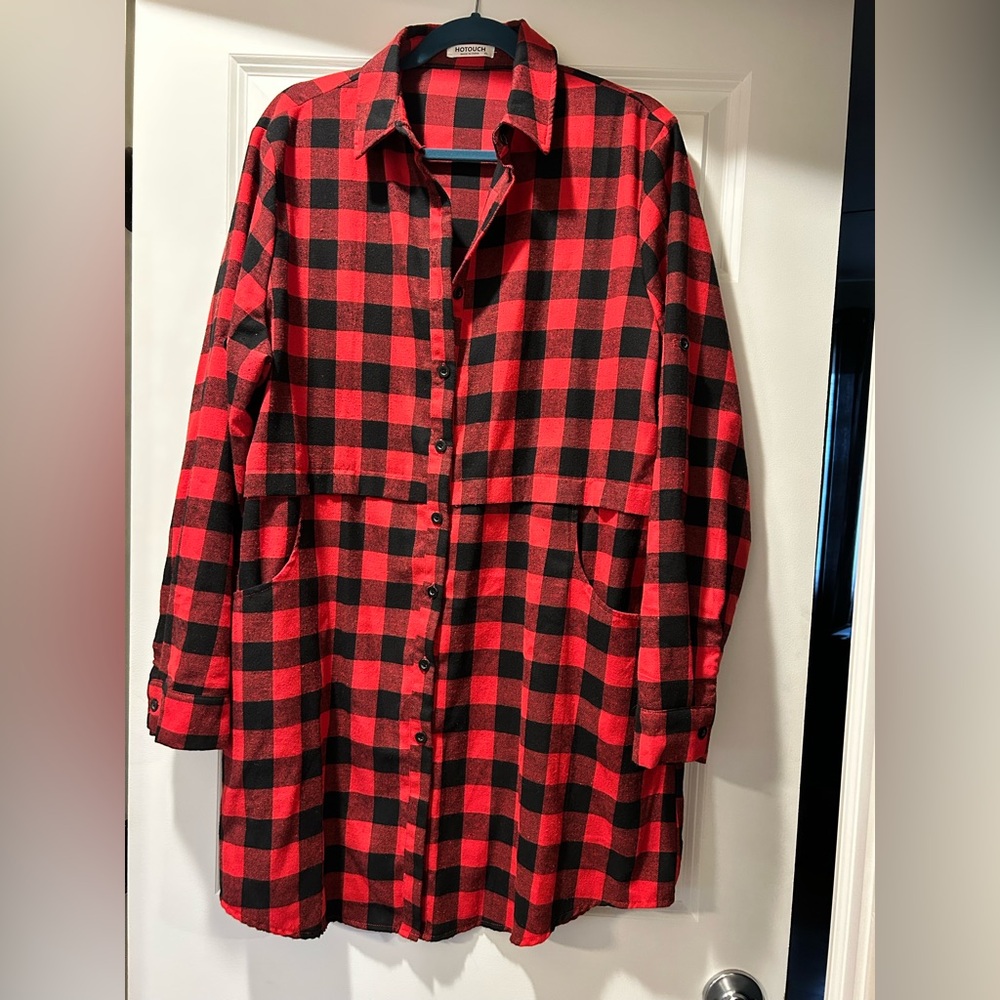 Red and Black Plaid Button-Up Boyfriend Flannel Tunic Length - Picture 5 of 16